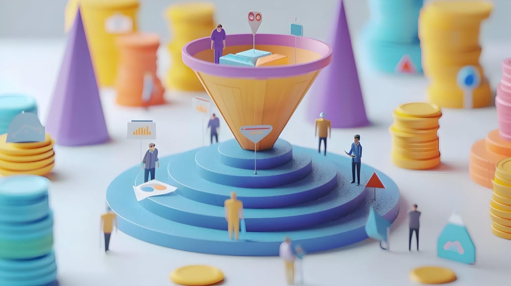 logo-design Illustrated conversion funnel with figures and coins